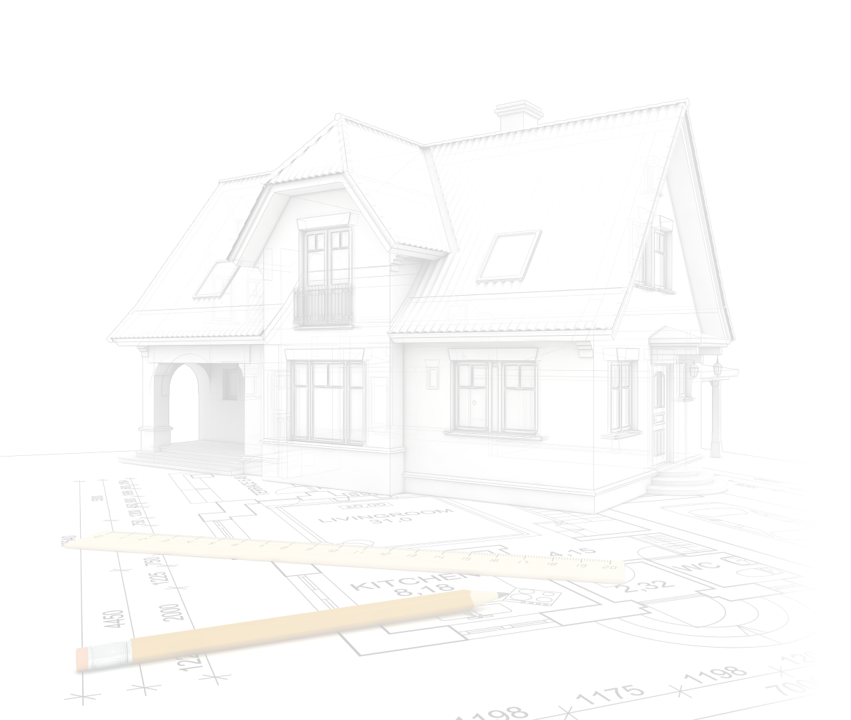 Ein gezeichnetes Haus, davor liegt ein gelber Bleistift und ein Lineal